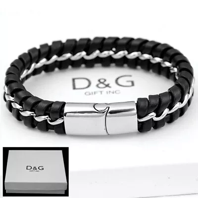 DG Men's Stainless Steel 8.5  Black Braided.Leather Magnetic Bracelet*BOX • $17.99