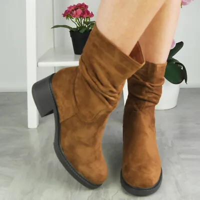 Boots Shoes Ladies Heels Rouched Warm Lined Zip Mid Calf Comfy Casual Womens Siz • £22.99