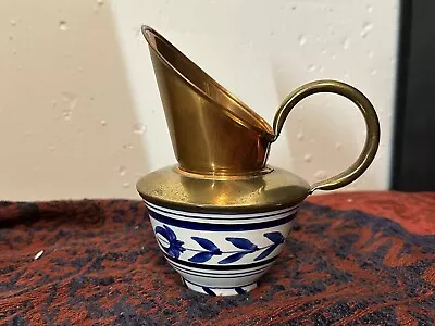 Vintage Copper Brass & Ceramic Creamer Blue And White England Small • $29.98