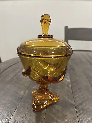 Vintage Viking Epic Drape Amber Glass Candy Dish Jar W/ Lid - #7108 • $49.99