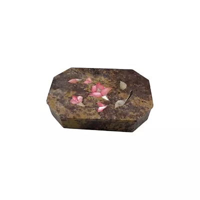 Vintage Marble Jewelry Trinket Box Brown Pink Flowers Floral Inlay Lidded • $9.98