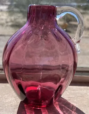 Vintage Pilgrim Glass Hand Blown Cranberry Optic Art Glass Jug Vase 6.25  MCM • $9.99