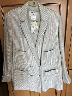 Chanel Jacket Womens 50 Gray White Tweed Double Breasted Blazer 14S NWT $5800 • £1563.25