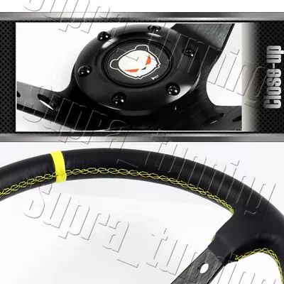 Deep Dish 350MM Drift Black / Yellow Leather 6 Hole Steering Wheel Universal • $41.88