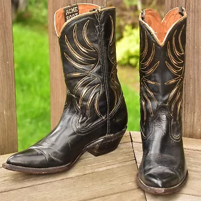 Vintage Black ACME Peewee Shorty Cowgirl Boots 6.5 C Starburst Inlay 60s 70s • $74.99