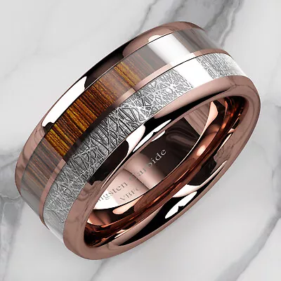 VBFOT Dome Tungsten Ring Rose Gold Plated Silver Koa Wood Inlay Bridal Men Band • $14.09