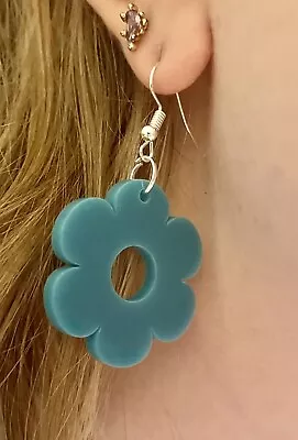 60s 70s 80s Turquoise Flower  GEOMETRIC Dangle Drop Earrings Club Festival Retro • £3