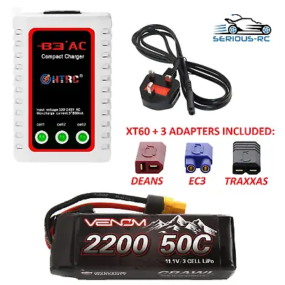 Venom RC Car Battery 11.1v 3S LiPo 2200mAh XT60 DEANS EC3 TRAXXAS & LiPo Charger • £32.99