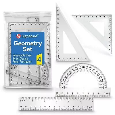 4 Piece Maths Geometry Set | 2 Set Square Ruler Protractor Pencil Case School • £2.99