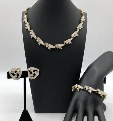 Vtg Faux MOP Enamel & AB Rhinestone Jewelry Set Earrings Necklace & Bracelet • $35.19