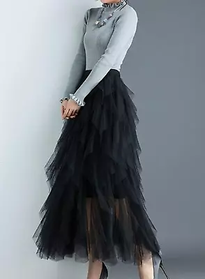 The Clever Illusions Mesh Skirt In Black  Secret Soft Tulle Maxi Skirt 10 12 • £58