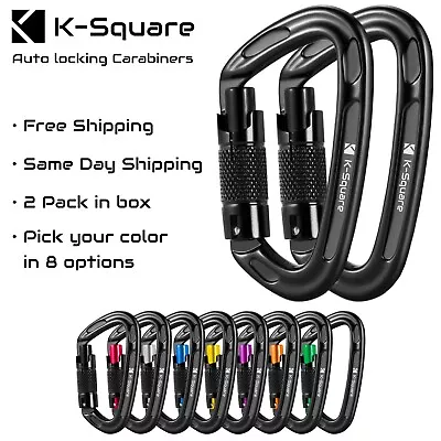 K-Square 24KN Auto Locking Carabiner Clips - Large Heavy Duty D-Rings 2 Pack • $17.46