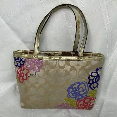 Coach Gold Metallic Signature Small Tote Bag Poppy Floral Art Glam • $65