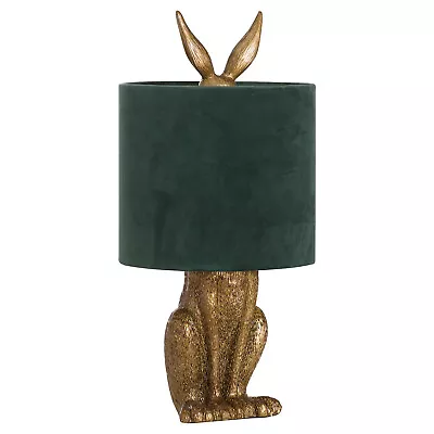 Antique Gold Hare Rabbit Table Lamp & Green Velvet Shade 50cm • £79.99