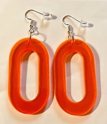 60s 70s 80s IV Orange Oval GEOMETRIC Dangle Drop Earrings Festival Retro COSPLAY • £3
