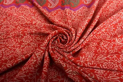 Vintage Indian Saree Pure Crepe Silk Red Flower Printed Sari Fabric 5 Yard • $37.39