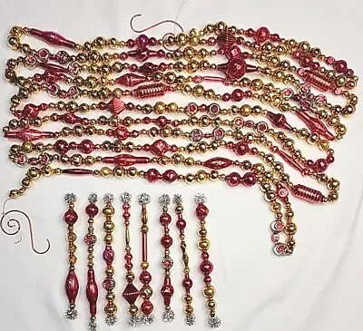 ✨️🌹*Super Glam* Red N Gold 11.5' Vtg Mercury Glass Garland W 8 Icicle Ornies 4  • $95