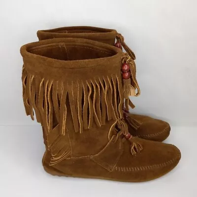 Minnetonka Boho Women's Brown Suede Leather Beaded Fringe Slouch Boots Size 8 • $28