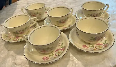 Set Of 6 Homer Laughlin Virginia Rose Teacups & Saucers (12 Pieces) Fluffy 1950s • $19.99