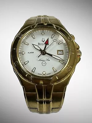 Vintage Swiss Bulova Marine Star Alarm Watch Stainless Steel Gold White Dial • $195