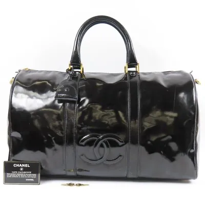 CHANEL CC Logo Hand Bag Travel Patent Leather Black GHW France Vintage 78842 • $1080