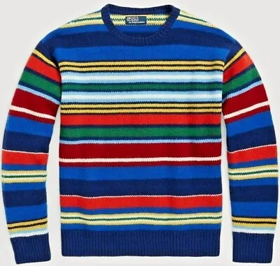 Polo Ralph Lauren VTG Retro 100% Wool Rainbow Striped Colorblocked Knit Sweater • $219.99