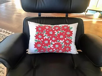 Vintage Christmas Red Green Poinsettias Lumbar NEW Cotton Upcycled Tablecloth • $30