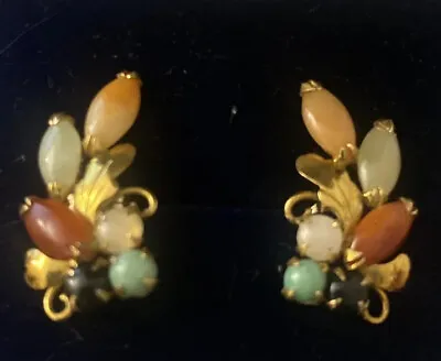 Vintage Ming’s Of Honolulu 14K Gold Marquise Multicolor Jade  Earrings • $525