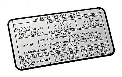 VG VALIANT SPECIFICATION DATA DECAL (JULY 1970 To MAY 1971) PACER SAFARI HARDTOP • $14