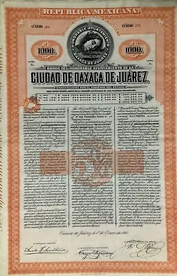 Ciudad De Oaxaca De Juarez 5% 1000 Mexican Pesos Bond With Coupons Attached  • $43.52