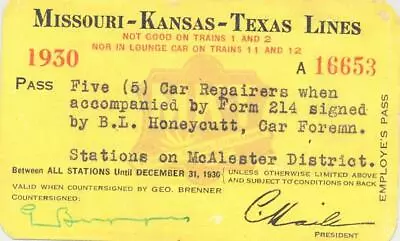 1930 MKT Missouri Kansas Texas Railroad Employee Pass - Katy Railway • $12