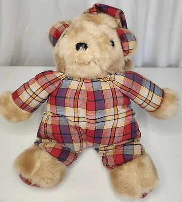 Vintage Teddy Bear Plush In Plaid Red Pajamas And Hat 15  • $8.90