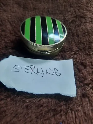 Vintage Retro Silver Green Stone Pill Box 925 Marked Green Black Stripes Hinged • $48.50