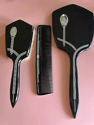 Vintage Art Deco Dupont Hand Held Vanity Dresser Set Mirror Brush Comb Black • $9.99