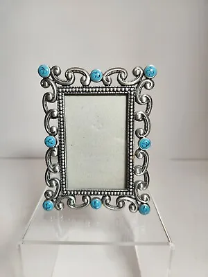 Mini Photo Frame Silver Rectangle Turquoise Standup Easel 2003 Southwest Metal • $13.99