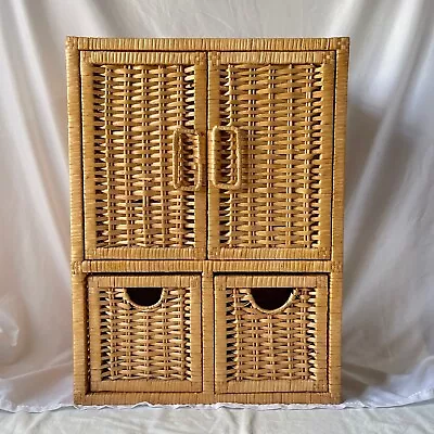 Vintage Wicker Rattan Hanging Wall Medicine Cabinet W/ Drawers And Doors 23 X 17 • $124.99