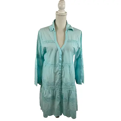 Melissa Odabash Coverup Dress S Light Blue Eyelet Button Front Long Sleeve • $35.99