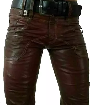 Mens Leather Jeans Pants Trouser 5 Pockets Cowhide Brown Breeches BLUF Levis 501 • $109.99