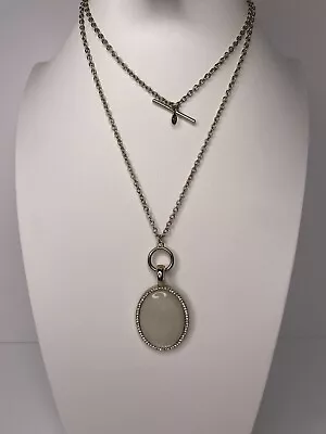 Mother Of Pearl Oval Reversible Pendant Necklace Clear Crystals Premier Design • $19