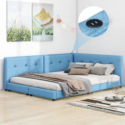 Modern Upholstered Platform Bed Full Queen Size Bed Frames Sofa Bed Daybed Blue • $322.99