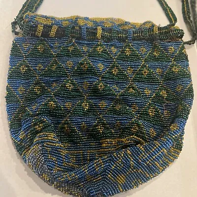 Vintage Blue And Green Micro Beaded Drawstring Purse • $29