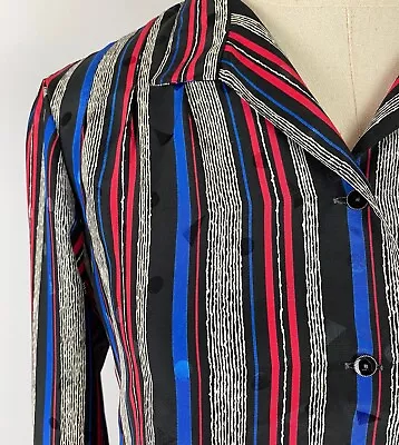 VTG 80s Japanese Striped Secretary Blouse PETITE S Red Blue Black Minimalist Art • $6