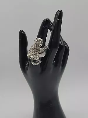 Vintage Crystal Pave Panther Stretch Ring Silver Tone Black Rhinestone Eyes  • $24.50