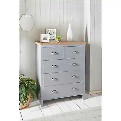 New Oak Finish Tops Millbrook 5 Drawer Chest With Grey Finish And Metal Handles • £124.99