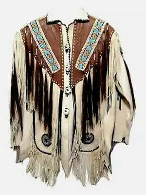 Men Traditional Native American Western Cowboy Real Leather Jacket Fringe Beaded • $91.99