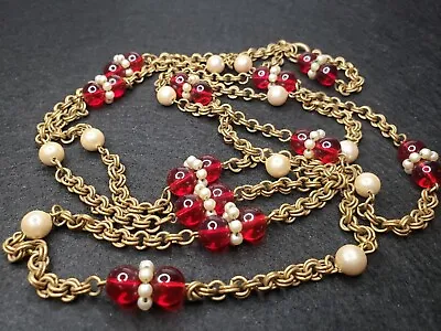Longest Early Miriam Haskell Red Glass And Faux Pearls Sautoir Necklace (NK2144) • $195