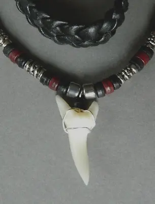 Mens Necklace Bracelet Replica Shark Tooth Pendant New Jewellery Gift Set • £9.99