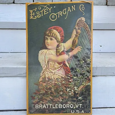 Sign Estey Organ Company Brattleboro VT USA Girl Harp Reproduction 16x9” D1:1 • $18.99