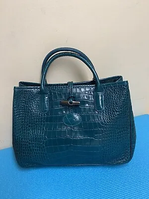 NWT LONGCHAMP CROC EMBOSSED ROSEAU Hobo Shopper Leather Tote Bag Duck Blue • $289