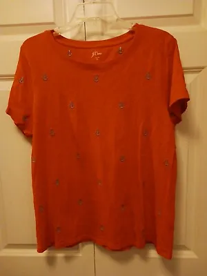 J Crew Shirt Top XL Orange W Embroidered Lt Blue Anchors Short Slv Cotton EUC • $14.99